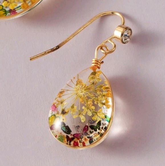 Gold flower earrings Statement Boho Pressed cottagecore teardrop glass 💖2/$30 - Picture 4 of 9